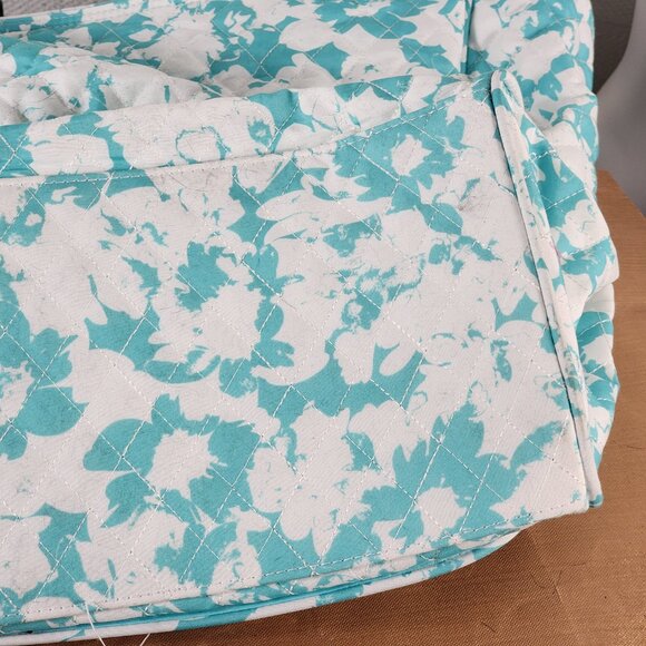 Emma & Chloe Teal White Floral Pattern Cotton Zip Large Size Quilted Tote Bag - Picture 14 of 16